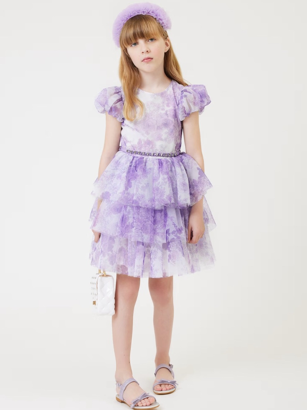MonnaLisa Lilac and White Floral Puff Sleeve Formal Dress